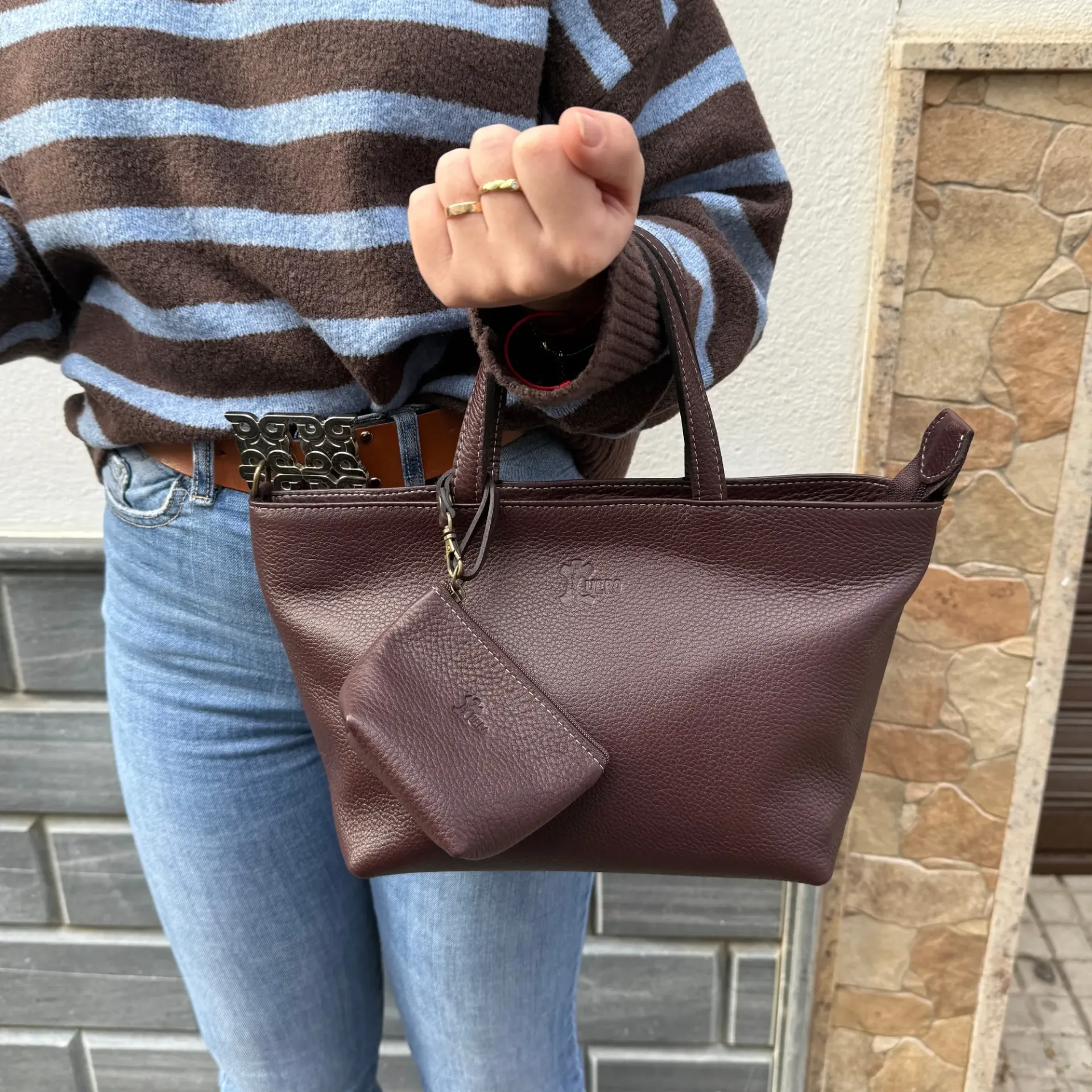 Bolso de cuero artesanal con bandolera-Hecho en Ubrique (Rojo)